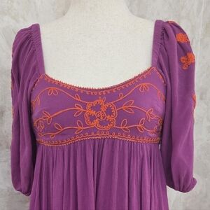 Free People Mauve Embroidered Boho Mini Dress Puff Sleeve Empire Waist XS